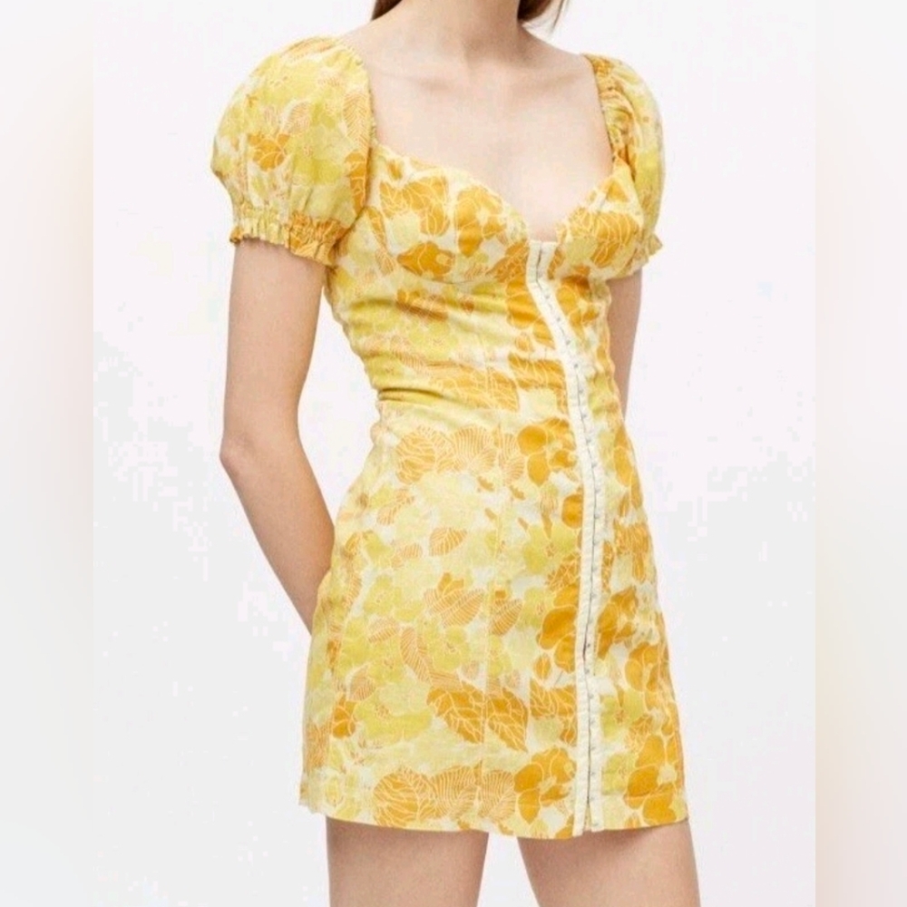 NWT Floral Fall Mini Dress URBAN Size Xs OUTFITTERS Yellow Mustard 100% Cotton